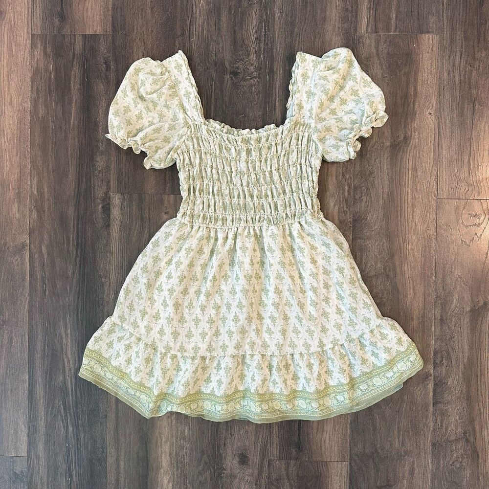 Blu Pepper Mini Dress Smocked Bodice Puff Sleeves Square Neck Women's Sz Large